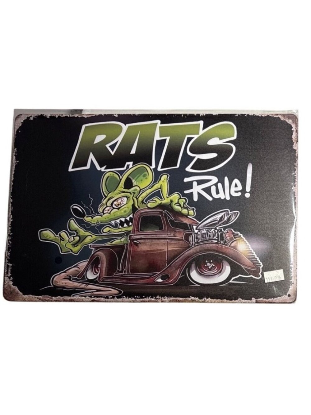 Rats Rule Metal Tin Sign With Vintage Car Graphic Rat Fink Style 12 x 8"